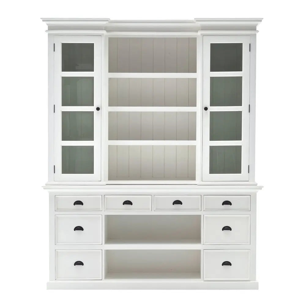 87" White Wood Bookcase with Glass Doors Drawers and Baskets - NOBLE HOME INTERIORS