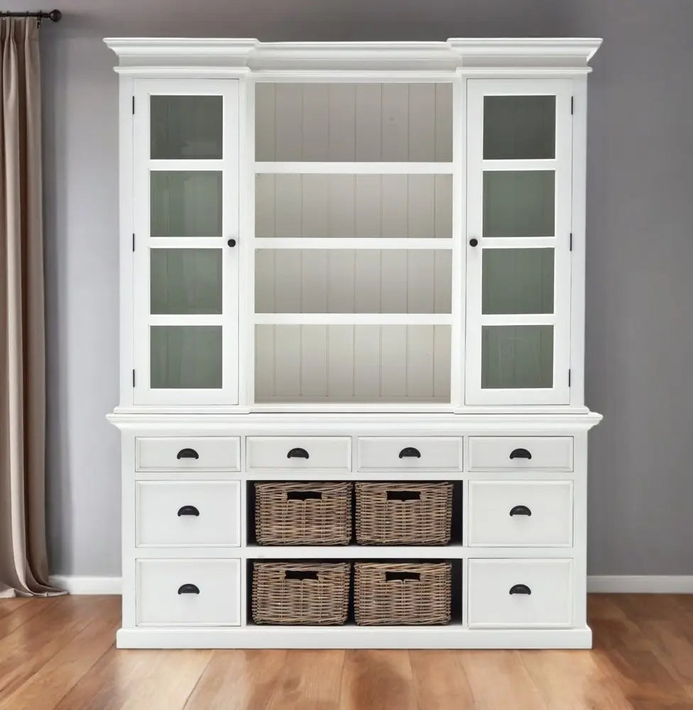 87" White Wood Bookcase with Glass Doors Drawers and Baskets - NOBLE HOME INTERIORS
