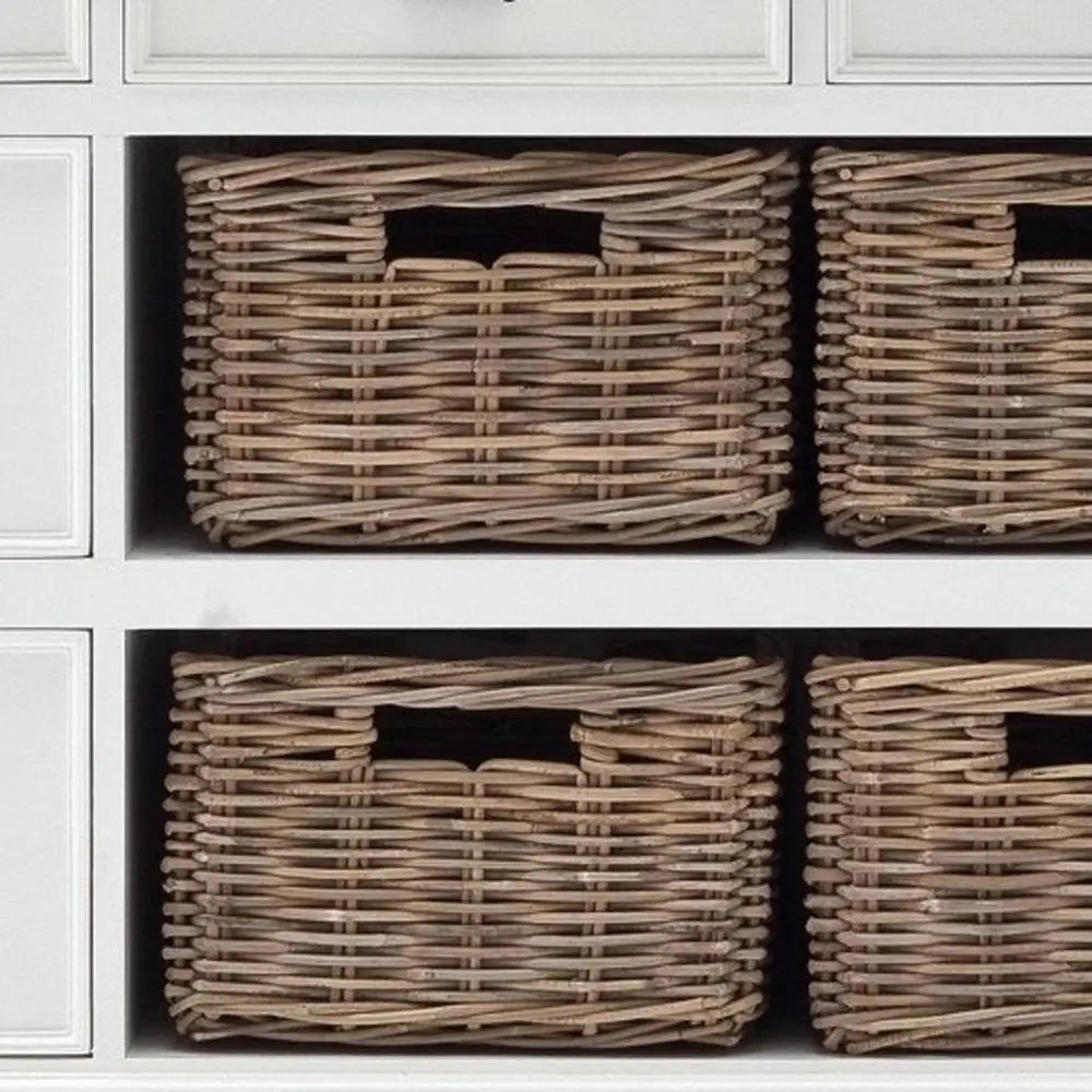 87" White Wood Bookcase with Glass Doors Drawers and Baskets - NOBLE HOME INTERIORS