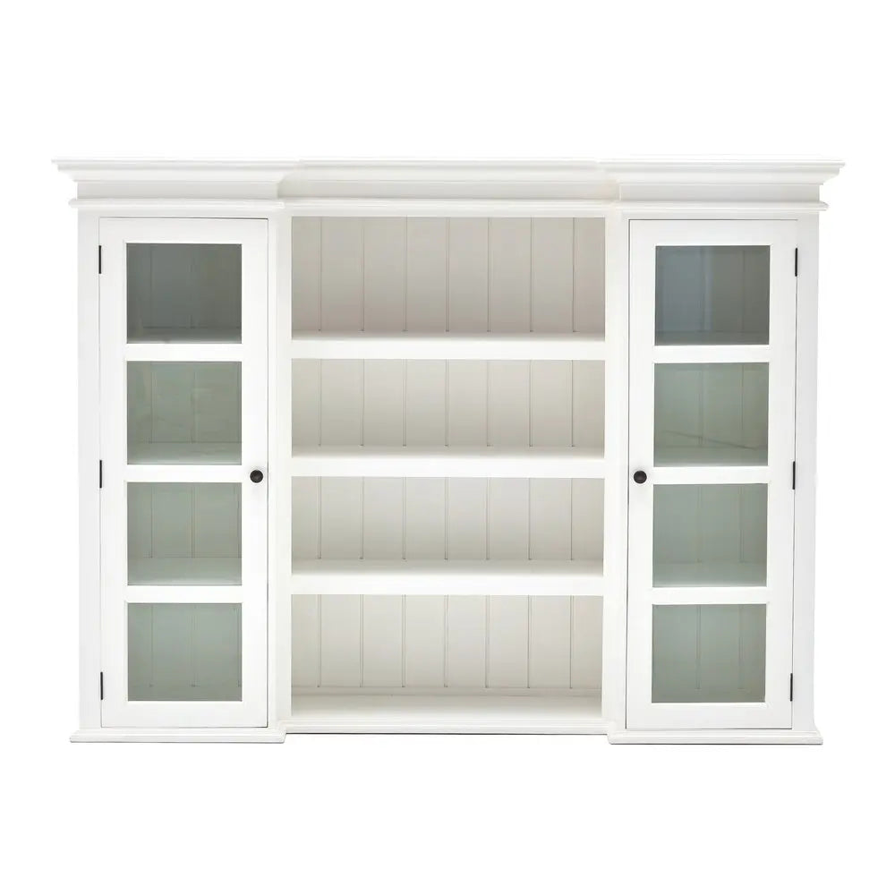 87" White Wood Bookcase with Glass Doors Drawers and Baskets - NOBLE HOME INTERIORS