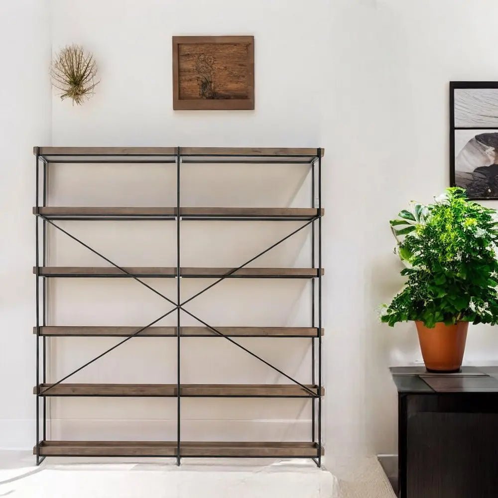 88" Black And Brown Iron and Wood Five Tier Bookcase - NOBLE HOME INTERIORS