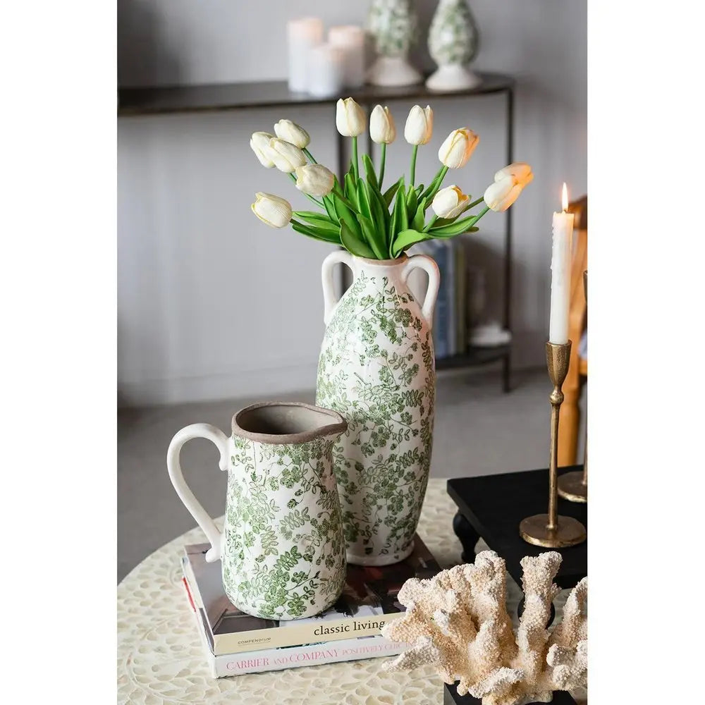 9" Green and White Leaf Round Ceramic Jug Vase With Does Not Apply - NOBLE HOME INTERIORS