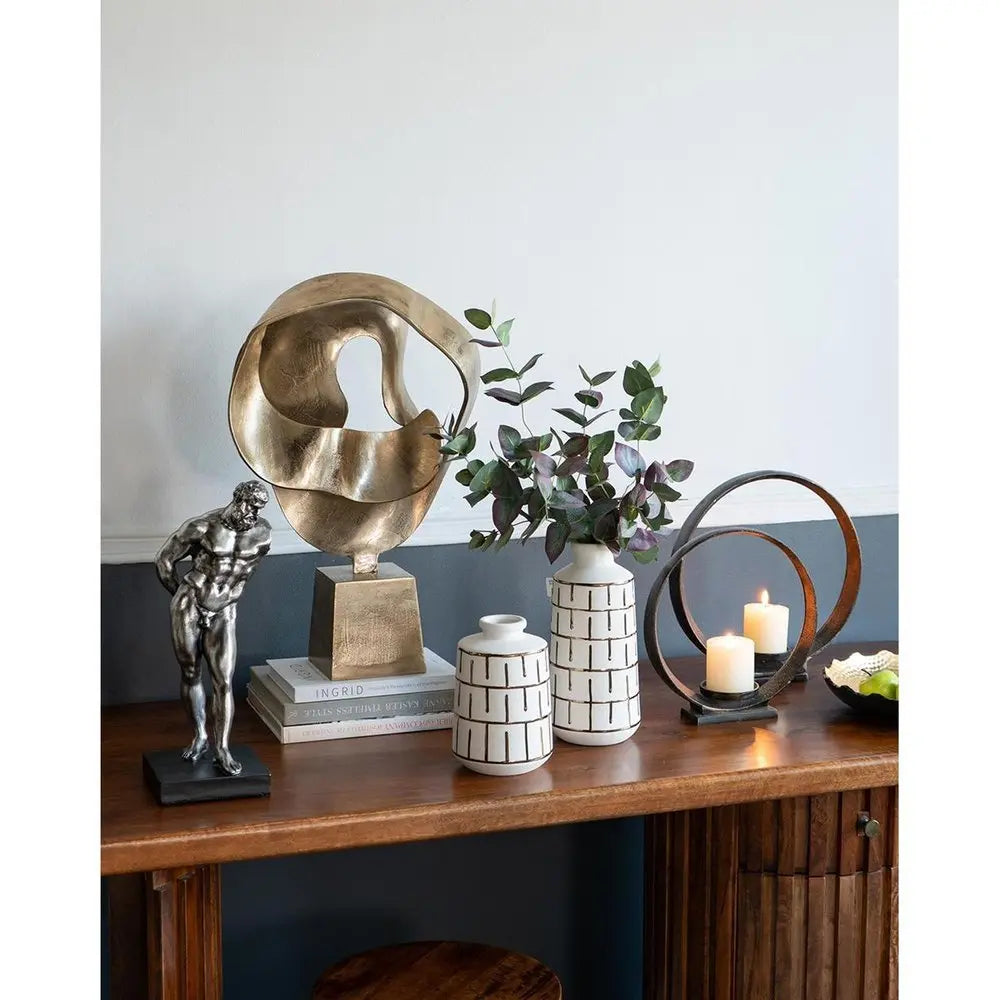 9" Ivory And Gold Geometric Round Ceramic Table Vase - NOBLE HOME INTERIORS