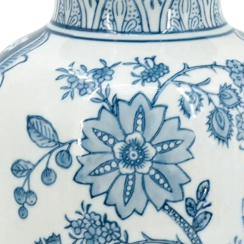 9" Light Blue And White Floral Round Porcelain Jar - NOBLE HOME INTERIORS