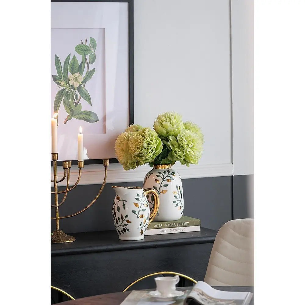 9" White Green And Gold Leaf Round Ceramic Table Vase - NOBLE HOME INTERIORS