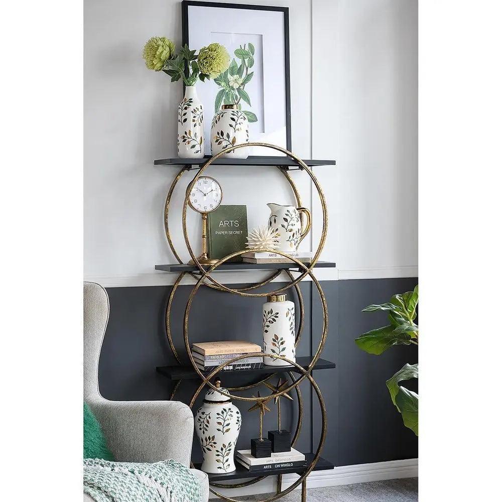 9" White Green And Gold Leaf Round Ceramic Table Vase - NOBLE HOME INTERIORS