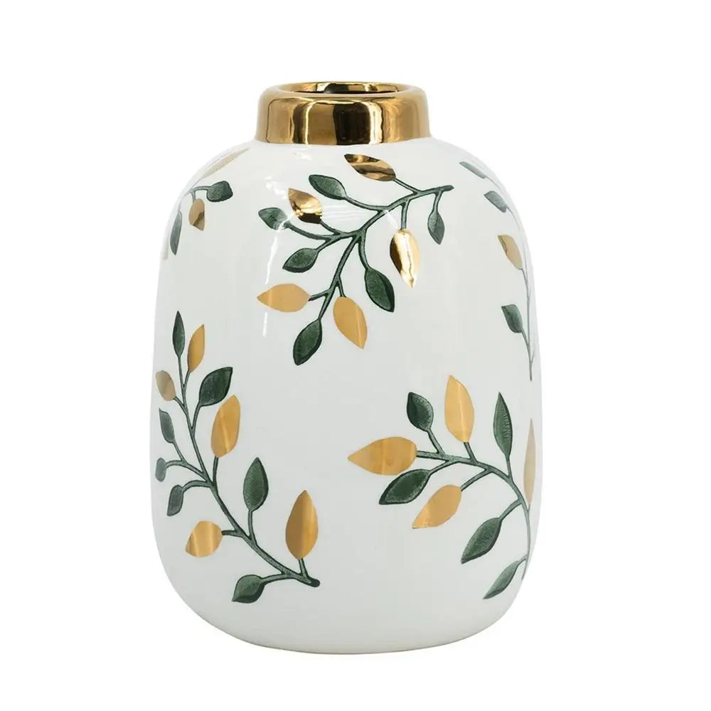 9" White Green And Gold Leaf Round Ceramic Table Vase - NOBLE HOME INTERIORS