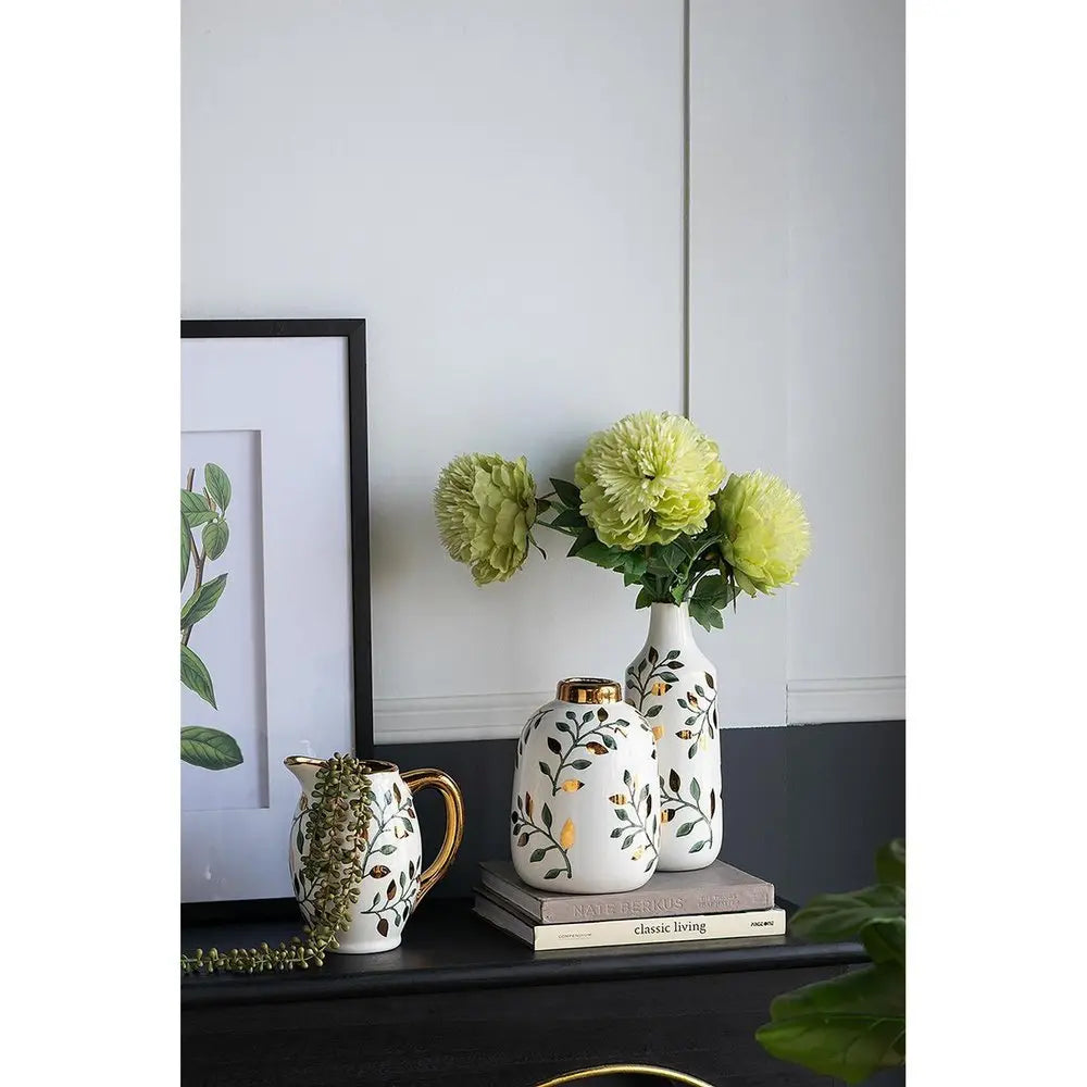9" White Green And Gold Leaf Round Ceramic Table Vase - NOBLE HOME INTERIORS