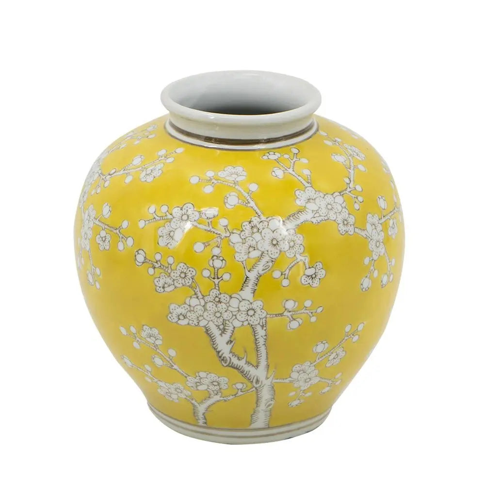 9" Yellow And White Floral Round Porcelain Table Vase - NOBLE HOME INTERIORS