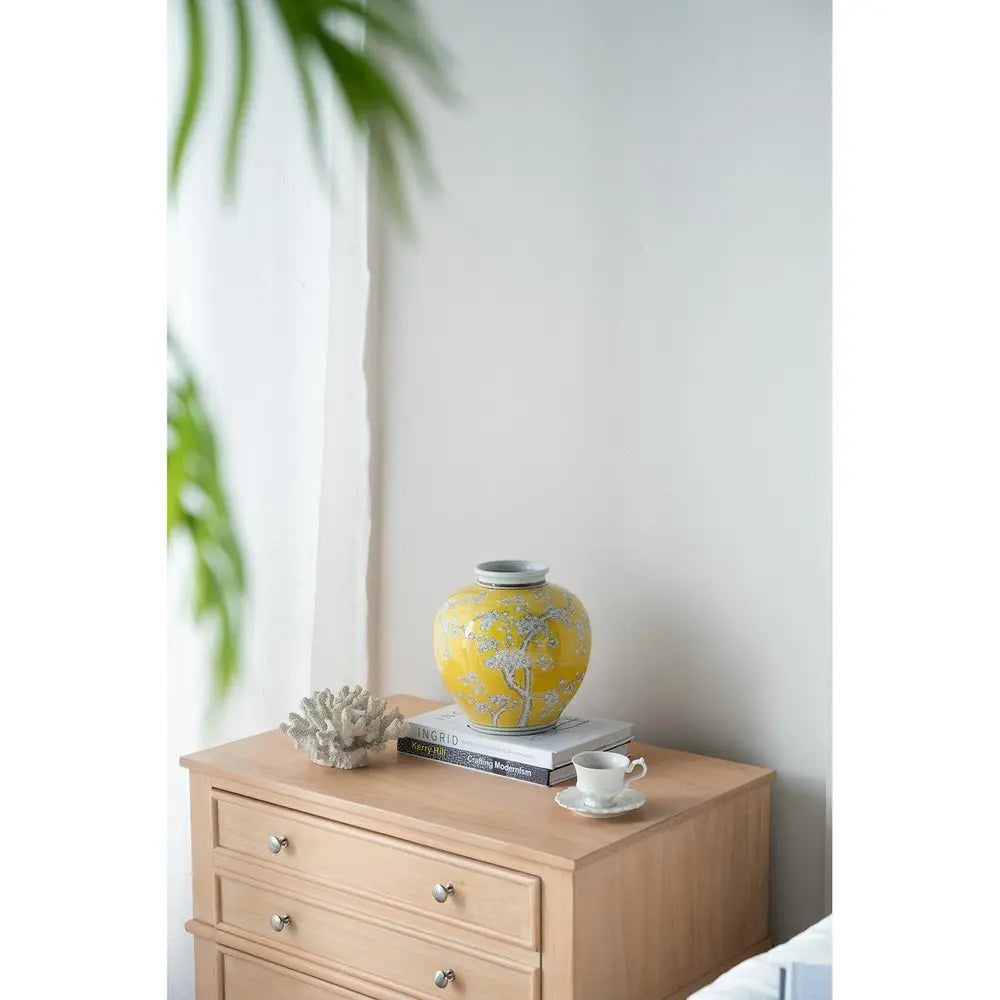 9" Yellow And White Floral Round Porcelain Table Vase - NOBLE HOME INTERIORS