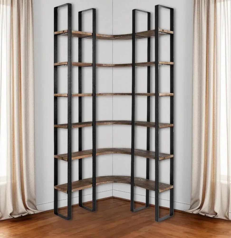 90" Black And Brown Iron and Wood Six Tier Bookcase - NOBLE HOME INTERIORS