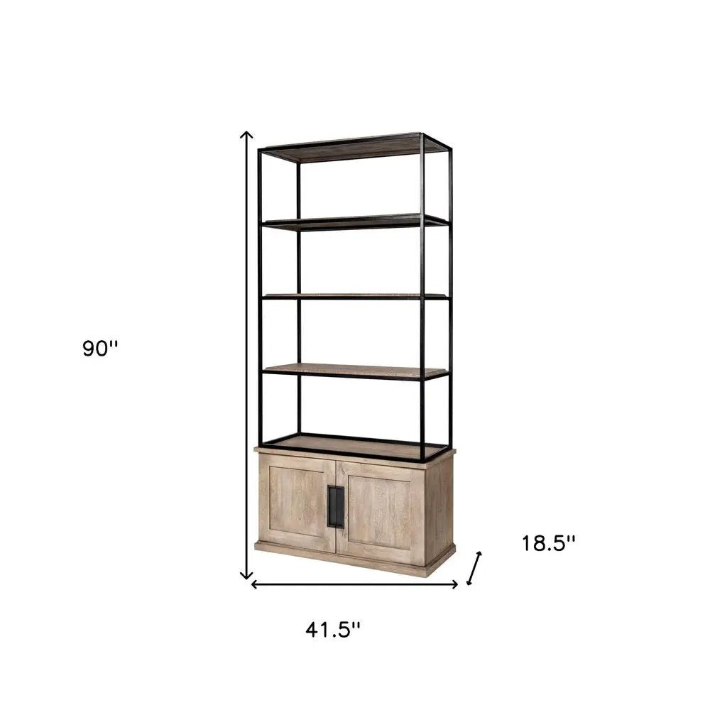 90" Brown Iron and Wood Three Tier Bookcase - NOBLE HOME INTERIORS