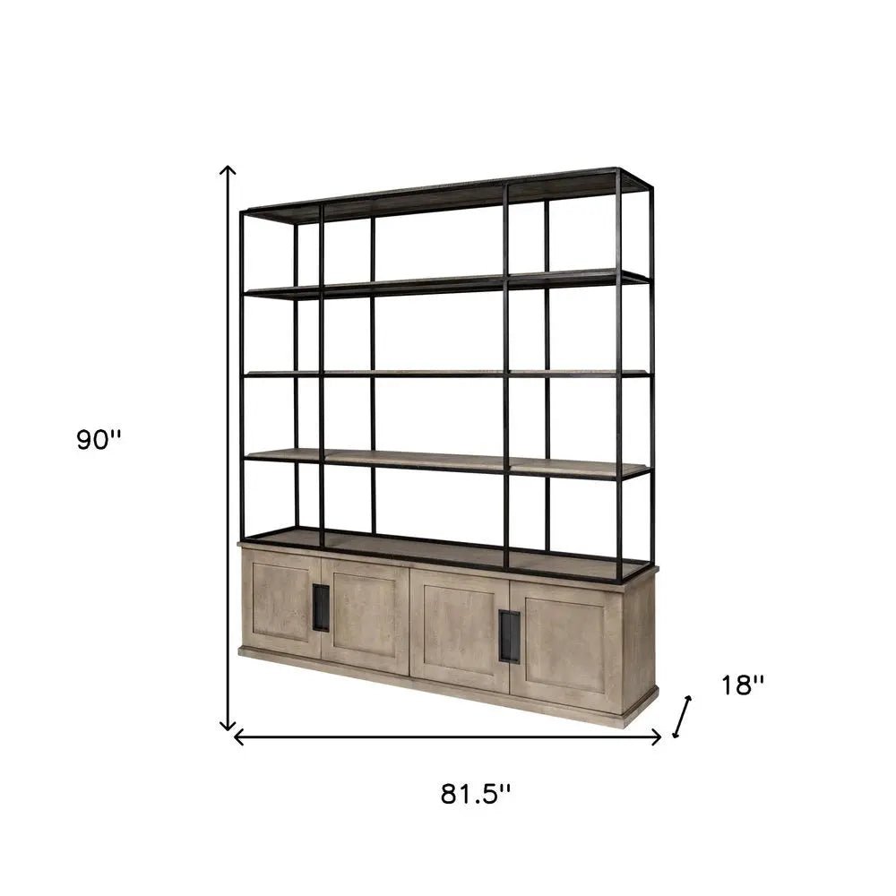 90" Brown Iron and Wood Three Tier Bookcase - NOBLE HOME INTERIORS