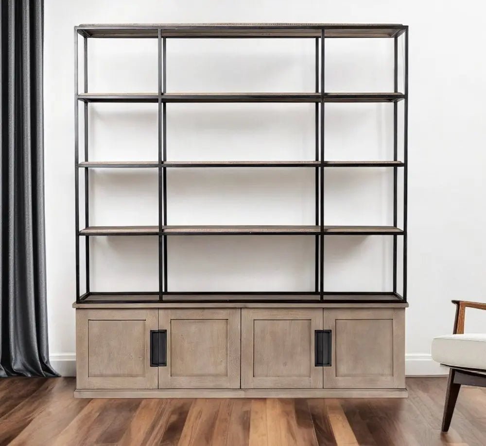 90" Brown Iron and Wood Three Tier Bookcase - NOBLE HOME INTERIORS