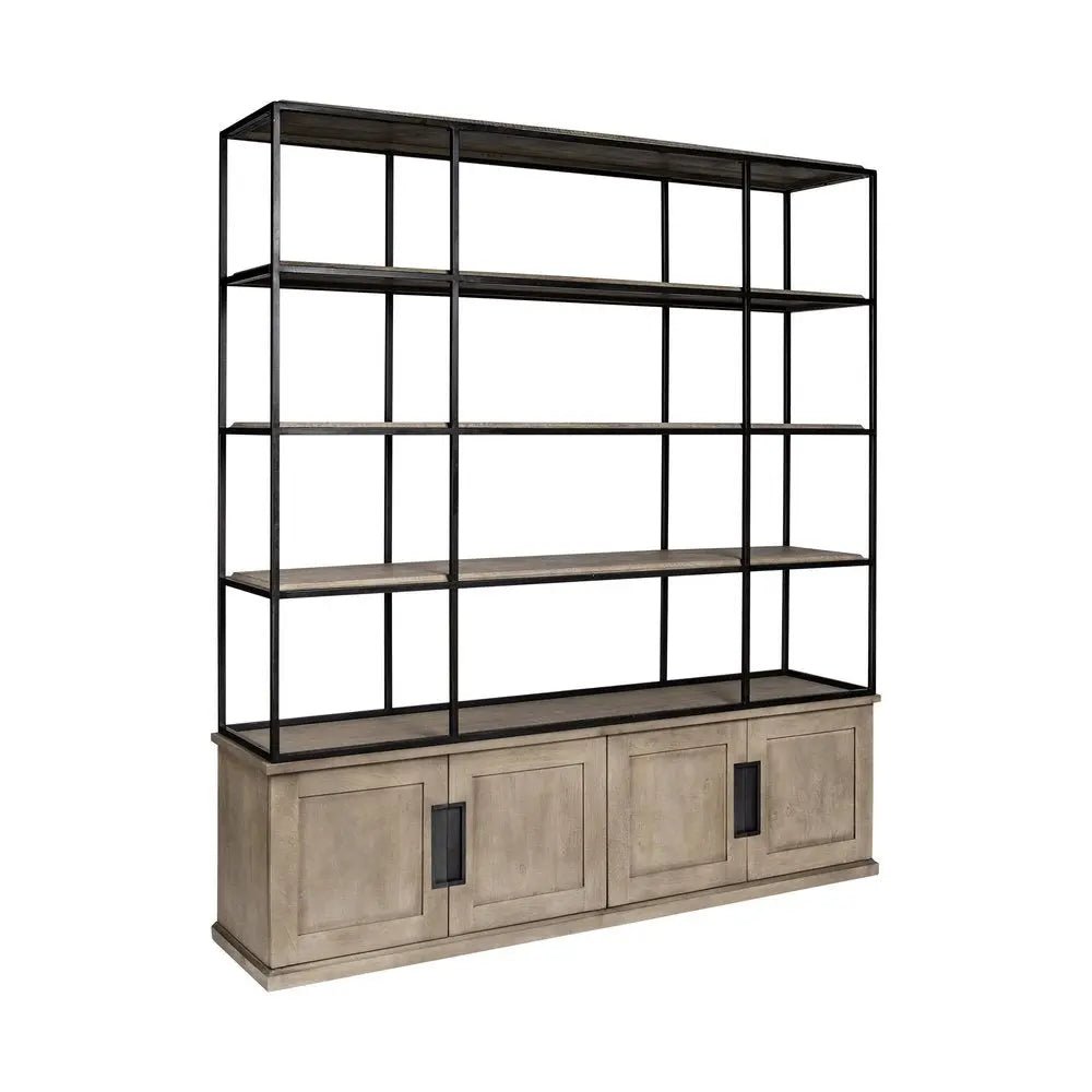 90" Brown Iron and Wood Three Tier Bookcase - NOBLE HOME INTERIORS