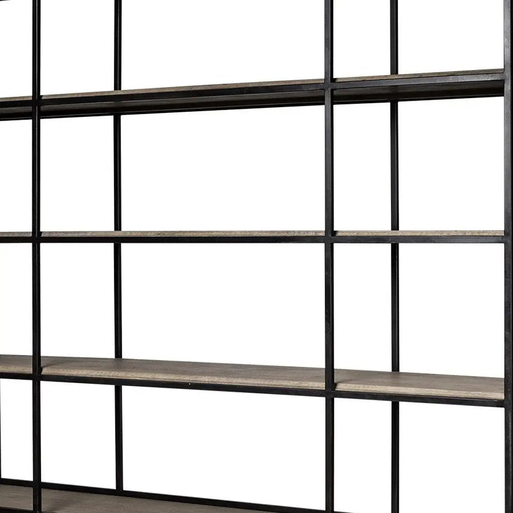 90" Brown Iron and Wood Three Tier Bookcase - NOBLE HOME INTERIORS