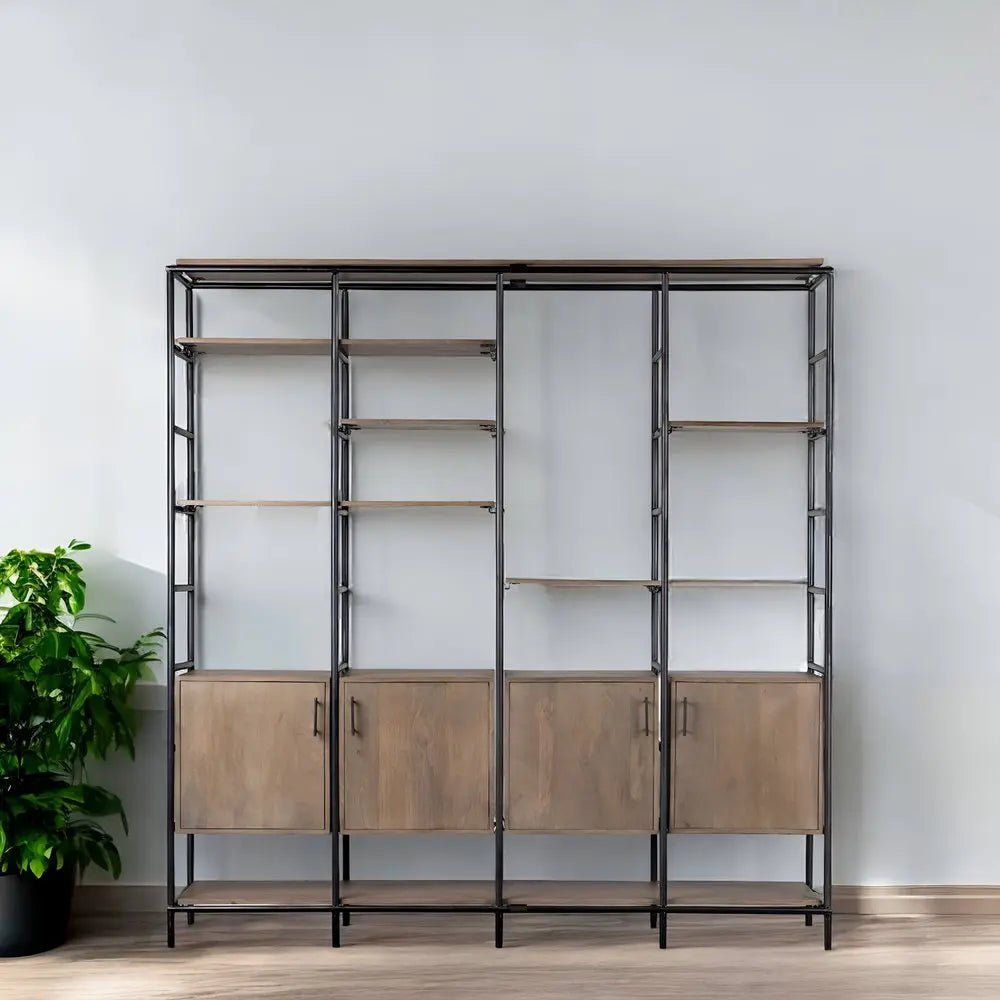 90" Brown Metal and Wood Bookcase - NOBLE HOME INTERIORS