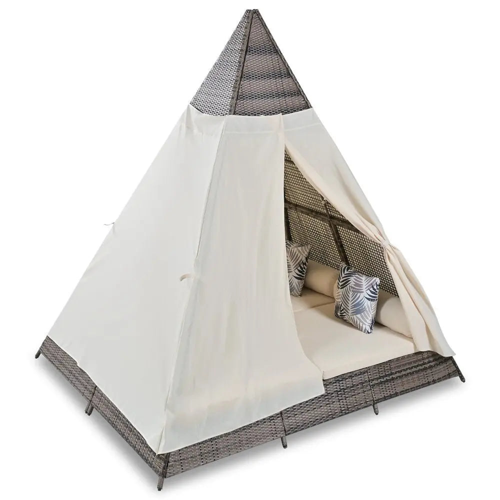 91" Brown And Natural Faux Rattan And Fabric Pyramid Lounge Chair - NOBLE HOME INTERIORS