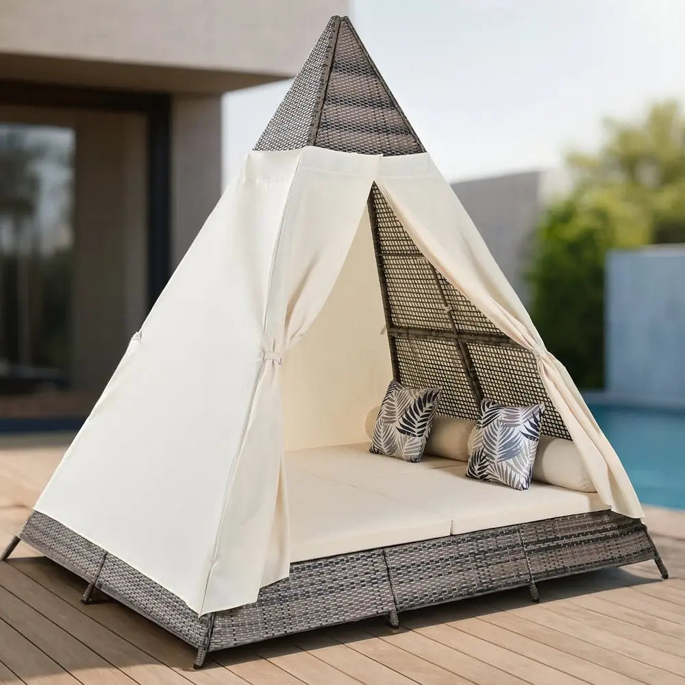 91" Brown And Natural Faux Rattan And Fabric Pyramid Lounge Chair - NOBLE HOME INTERIORS