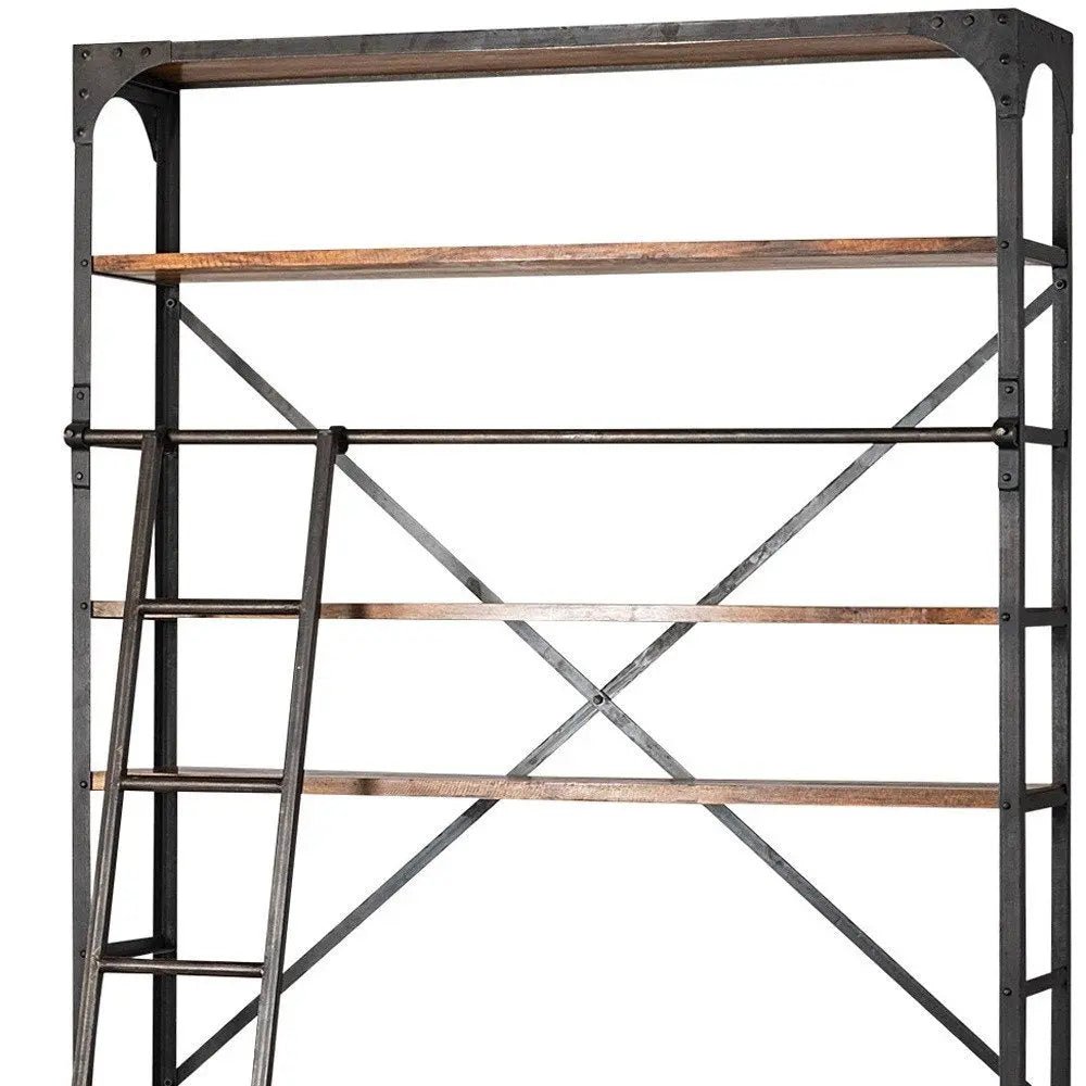 94" Black And Brown Distressed Copper and Wood Four Tier Library Bookcase with Four Drawers - NOBLE HOME INTERIORS