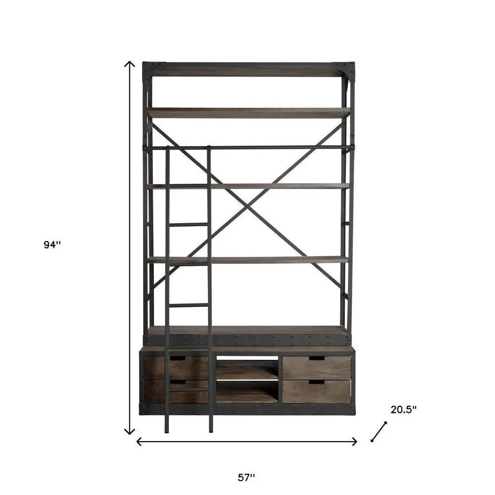94" Brown Metal and Wood Four Tier Ladder Bookcase - NOBLE HOME INTERIORS