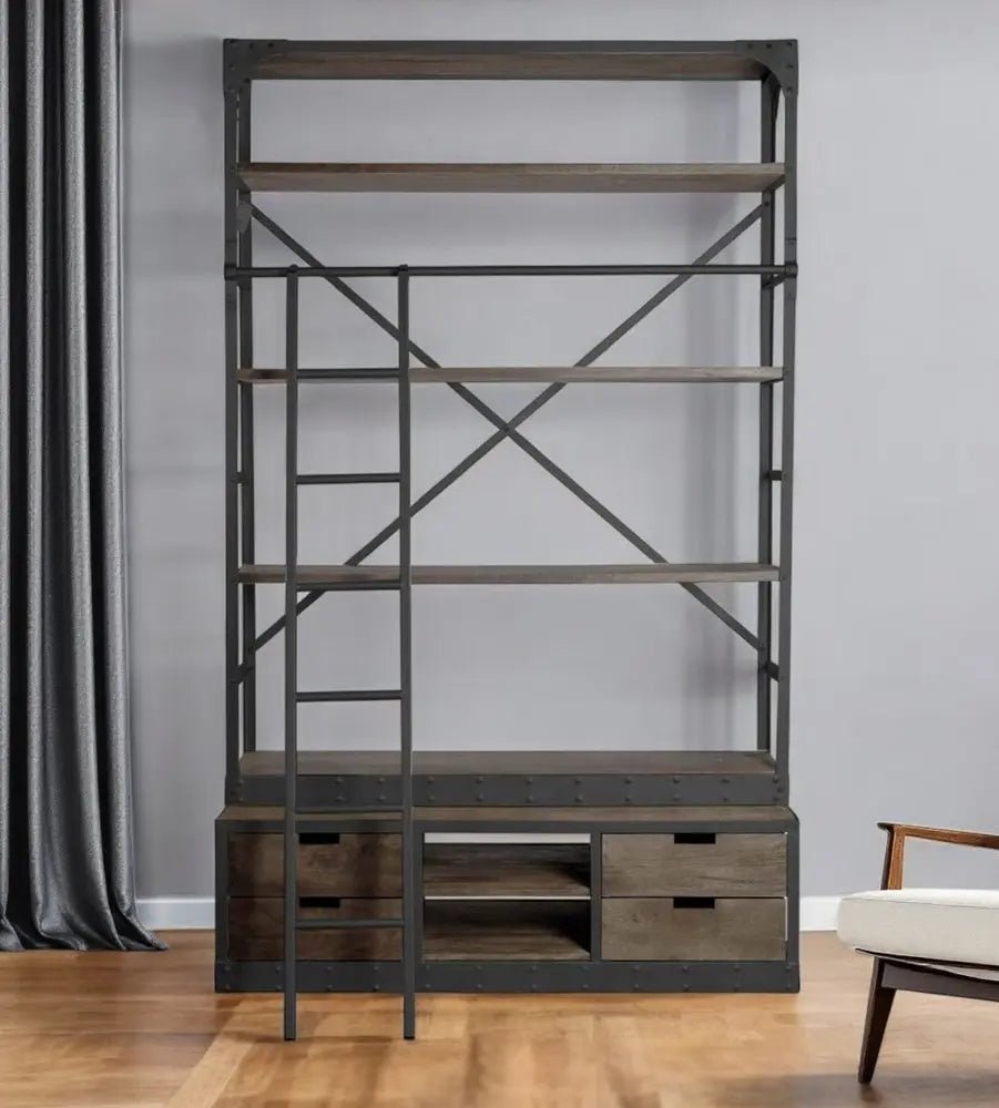 94" Brown Metal and Wood Four Tier Ladder Bookcase - NOBLE HOME INTERIORS