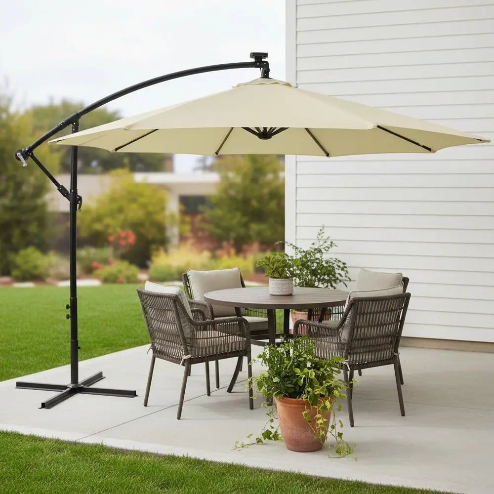 95" Cream Polyester Octagonal Tilt Lighted Market Patio Umbrella with Stand - NOBLE HOME INTERIORS