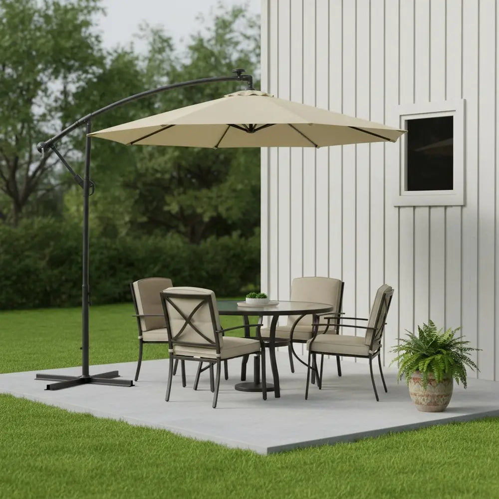 95" White Polyester Octagonal Tilt Lighted Market Patio Umbrella with Stand - NOBLE HOME INTERIORS