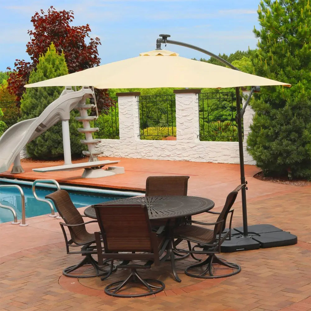 95" White Polyester Octagonal Tilt Lighted Market Patio Umbrella with Stand - NOBLE HOME INTERIORS
