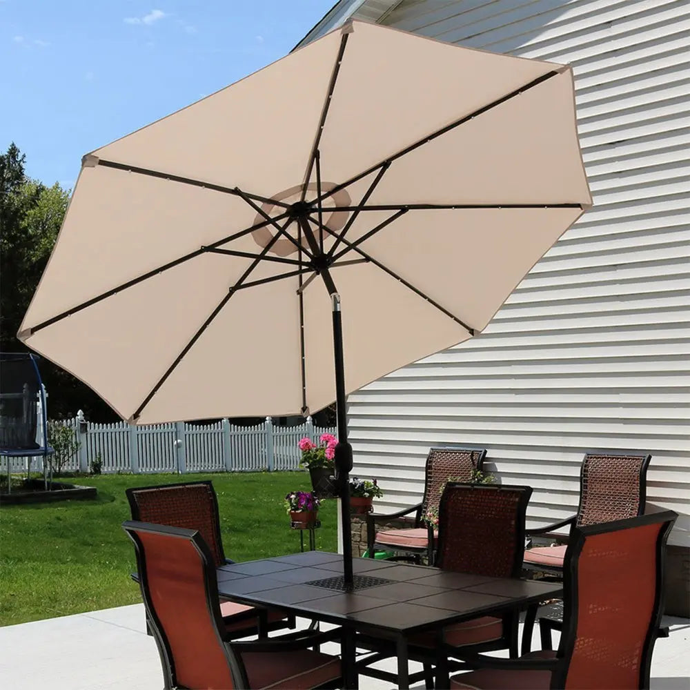 96" Beige Polyester Octagonal Tilt Lighted Market Patio Umbrella - NOBLE HOME INTERIORS