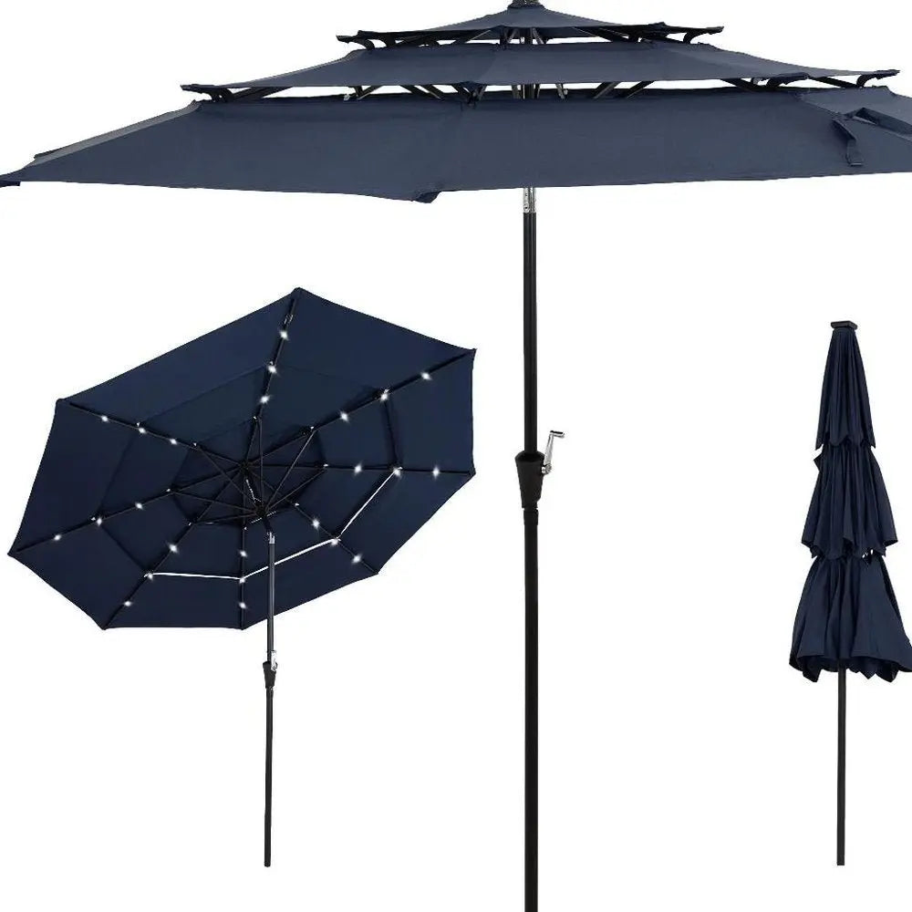 96" Dark Blue Polyester Octagonal Tilt Lighted Market Patio Umbrella - NOBLE HOME INTERIORS