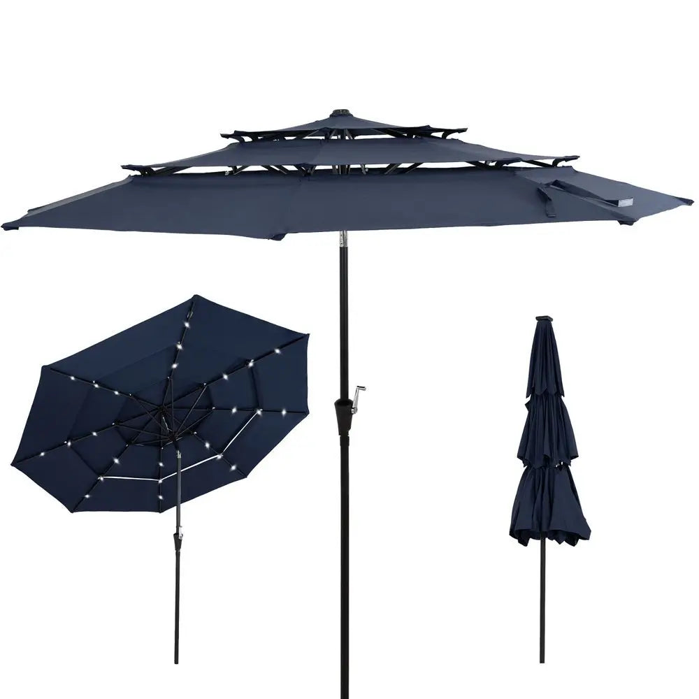 96" Dark Blue Polyester Octagonal Tilt Lighted Market Patio Umbrella - NOBLE HOME INTERIORS