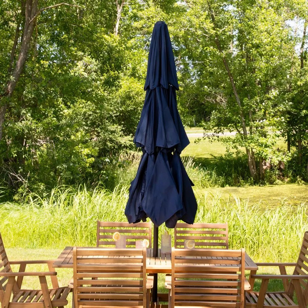 96" Dark Blue Polyester Octagonal Tilt Lighted Market Patio Umbrella - NOBLE HOME INTERIORS