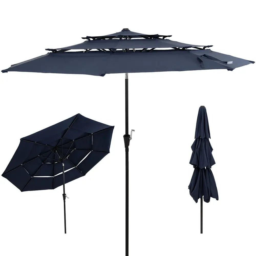 96" Dark Blue Polyester Octagonal Tilt Lighted Market Patio Umbrella - NOBLE HOME INTERIORS