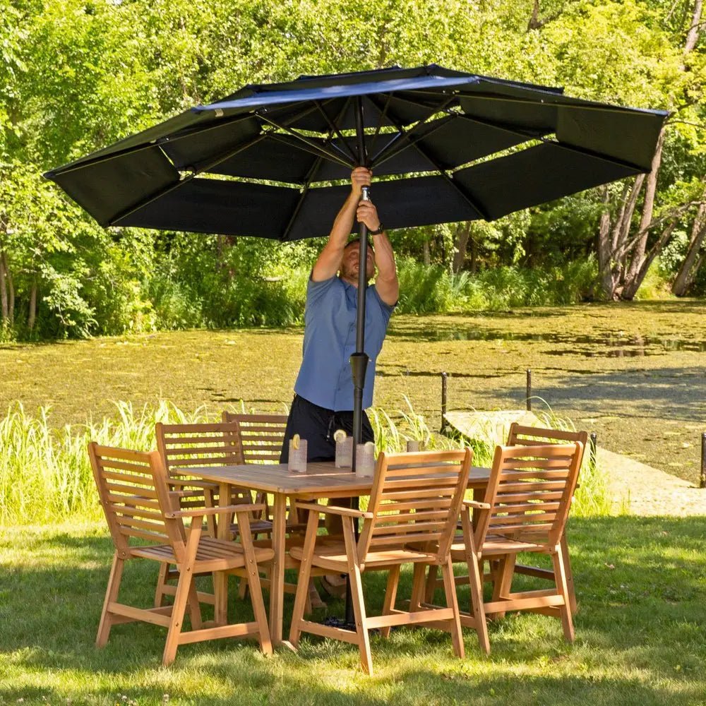 96" Dark Blue Polyester Octagonal Tilt Lighted Market Patio Umbrella - NOBLE HOME INTERIORS