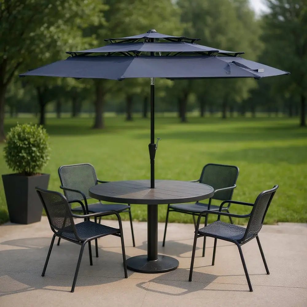 96" Dark Blue Polyester Octagonal Tilt Lighted Market Patio Umbrella - NOBLE HOME INTERIORS