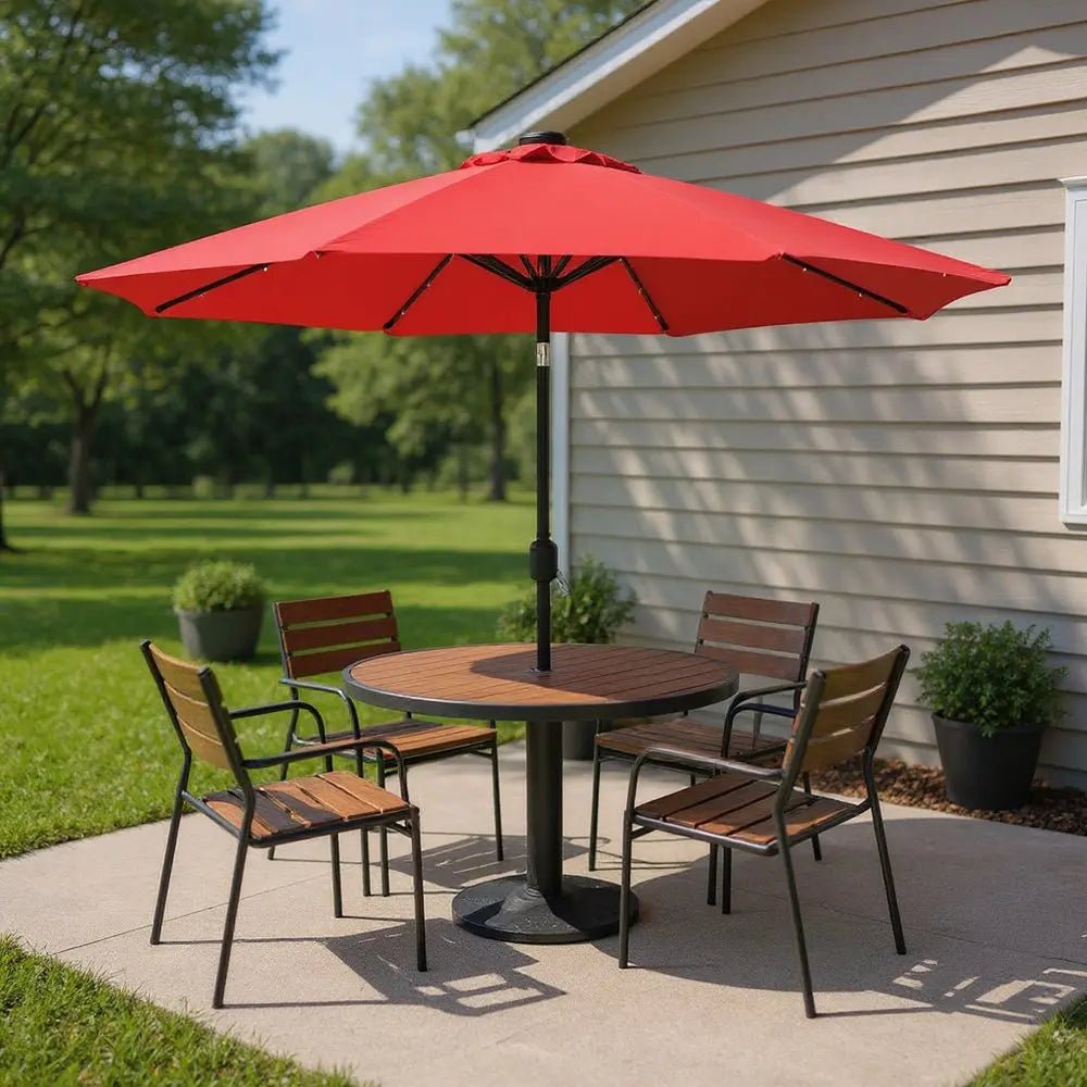96" Red Polyester Octagonal Tilt Lighted Market Patio Umbrella - NOBLE HOME INTERIORS
