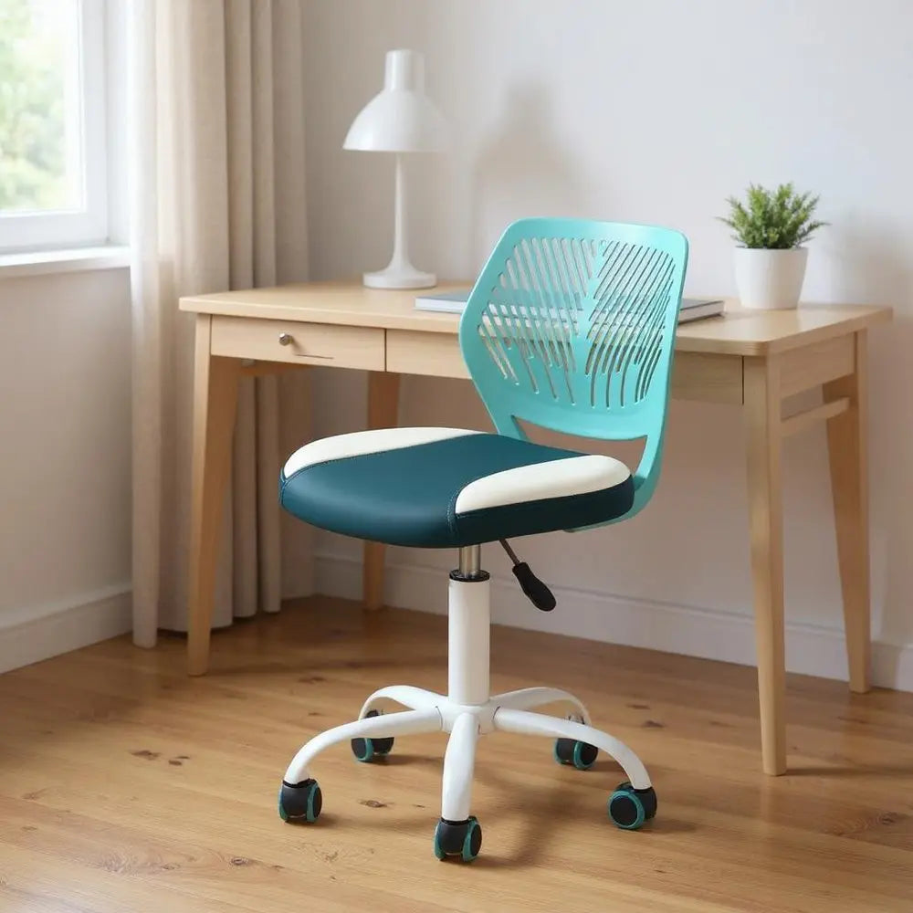 Aqua Teal Blue and White Adjustable Height Swivel Rolling Office Chair - NOBLE HOME INTERIORS