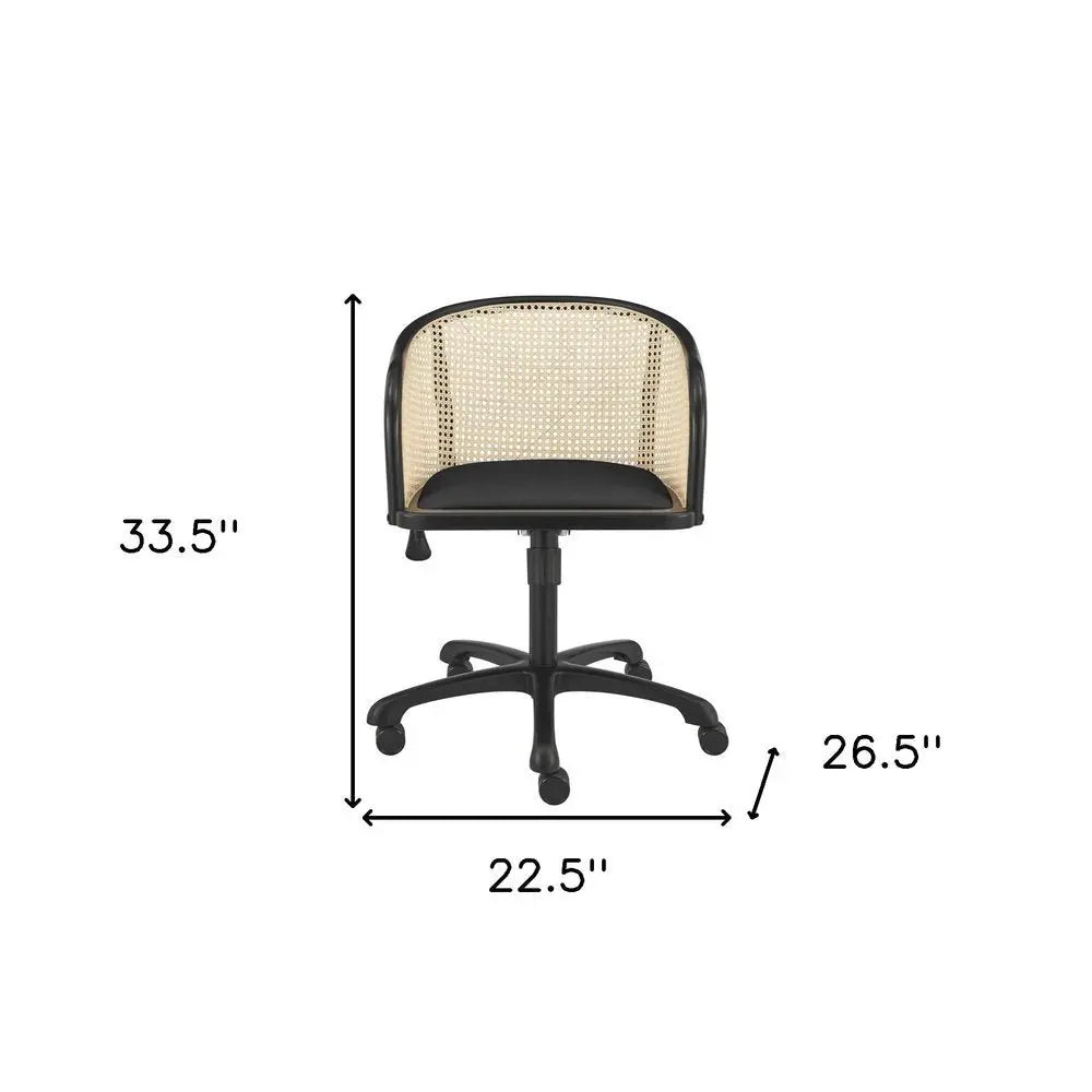 Beige and Black Solid Wood Steel And Cane Rattan Adjustable Swivel Rolling Office Chair - NOBLE HOME INTERIORS