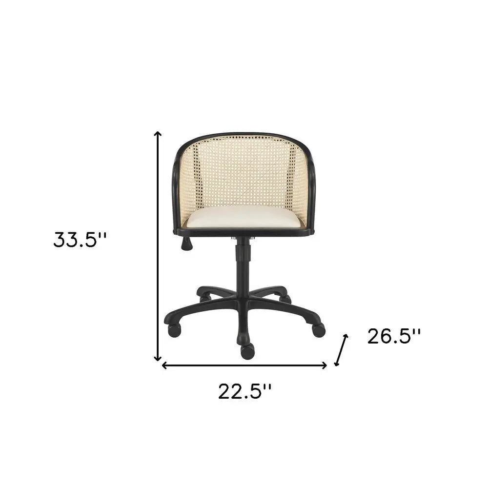 Beige and Black Solid Wood Steel And Cane Rattan Adjustable Swivel Rolling Office Chair - NOBLE HOME INTERIORS