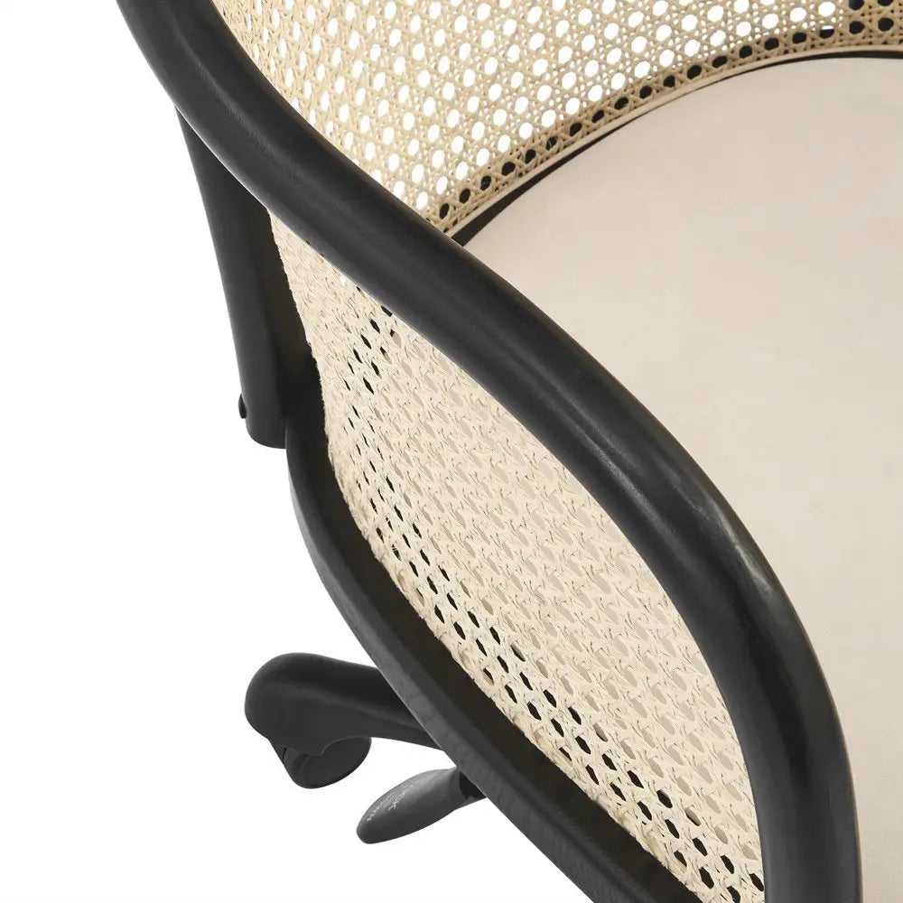 Beige and Black Solid Wood Steel And Cane Rattan Adjustable Swivel Rolling Office Chair - NOBLE HOME INTERIORS