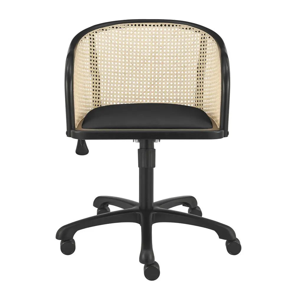 Beige and Black Solid Wood Steel And Cane Rattan Adjustable Swivel Rolling Office Chair - NOBLE HOME INTERIORS