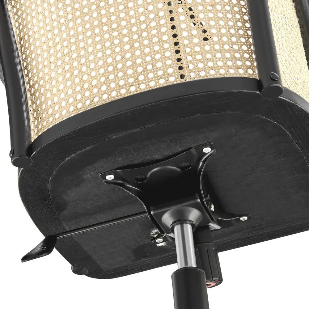 Beige and Black Solid Wood Steel And Cane Rattan Adjustable Swivel Rolling Office Chair - NOBLE HOME INTERIORS