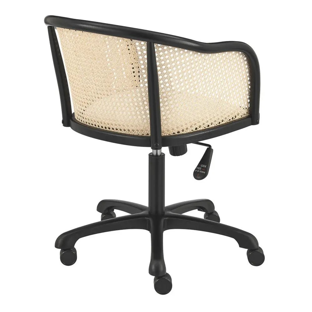 Beige and Black Solid Wood Steel And Cane Rattan Adjustable Swivel Rolling Office Chair - NOBLE HOME INTERIORS