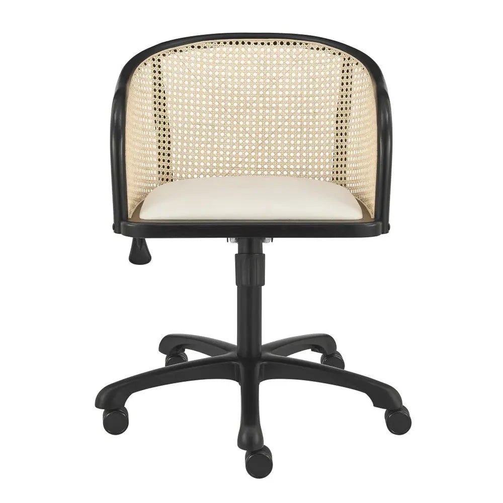 Beige and Black Solid Wood Steel And Cane Rattan Adjustable Swivel Rolling Office Chair - NOBLE HOME INTERIORS