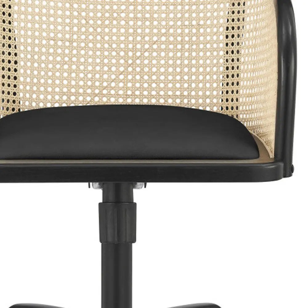 Beige and Black Solid Wood Steel And Cane Rattan Adjustable Swivel Rolling Office Chair - NOBLE HOME INTERIORS