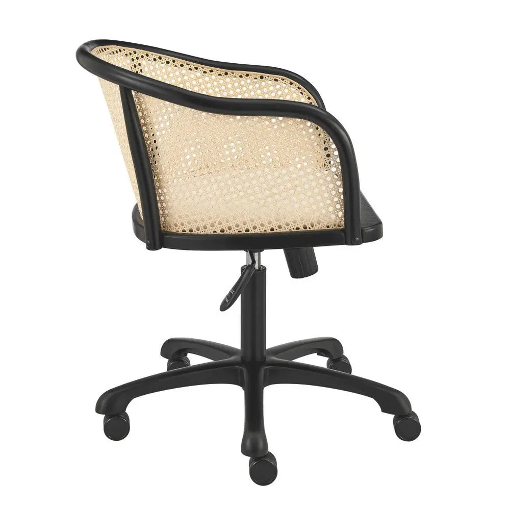 Beige and Black Solid Wood Steel And Cane Rattan Adjustable Swivel Rolling Office Chair - NOBLE HOME INTERIORS