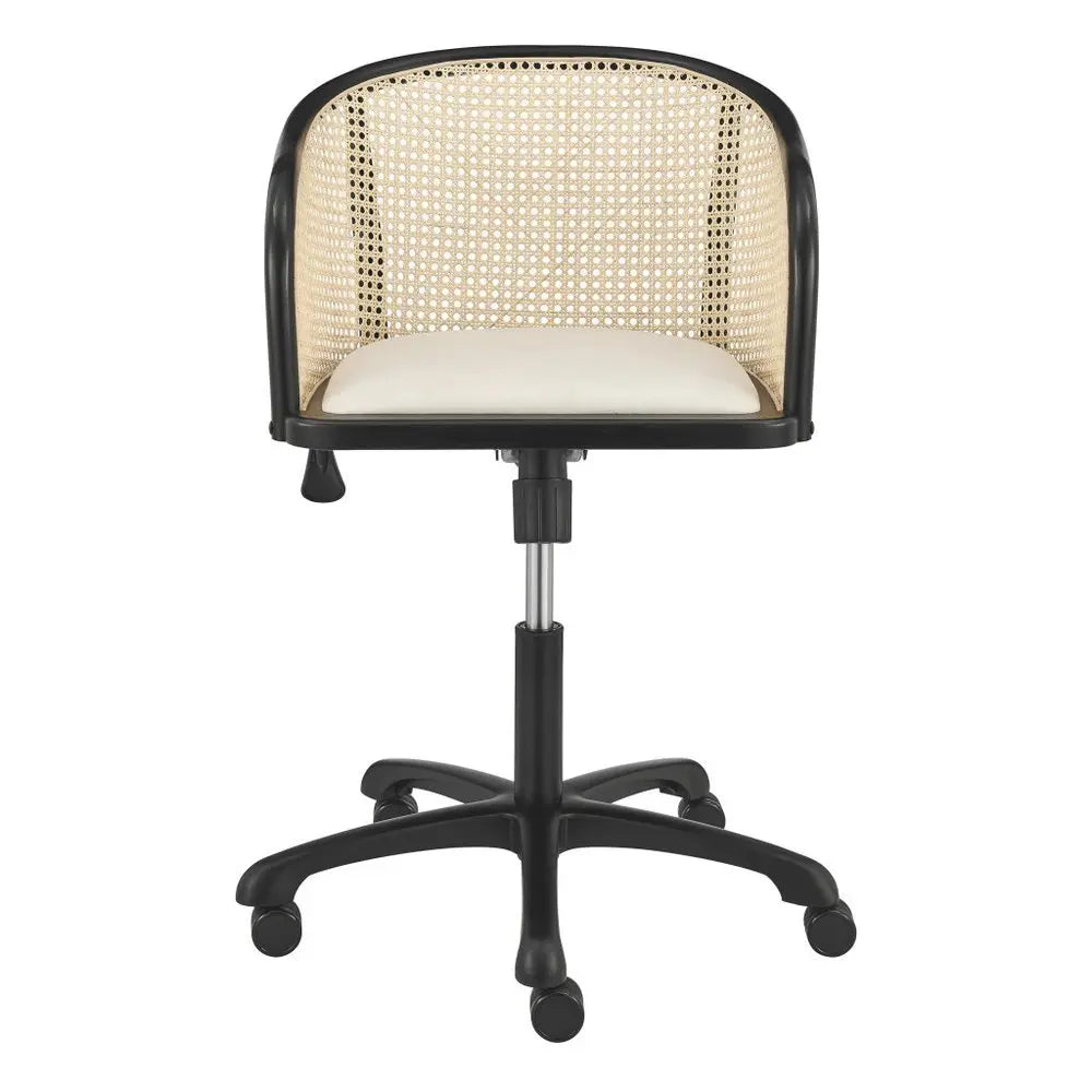 Beige and Black Solid Wood Steel And Cane Rattan Adjustable Swivel Rolling Office Chair - NOBLE HOME INTERIORS