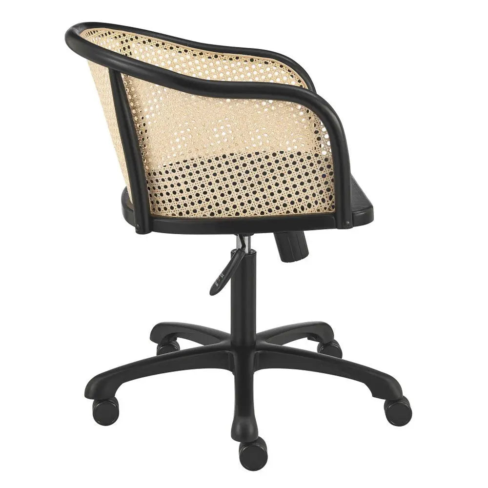 Beige and Black Solid Wood Steel And Cane Rattan Adjustable Swivel Rolling Office Chair - NOBLE HOME INTERIORS