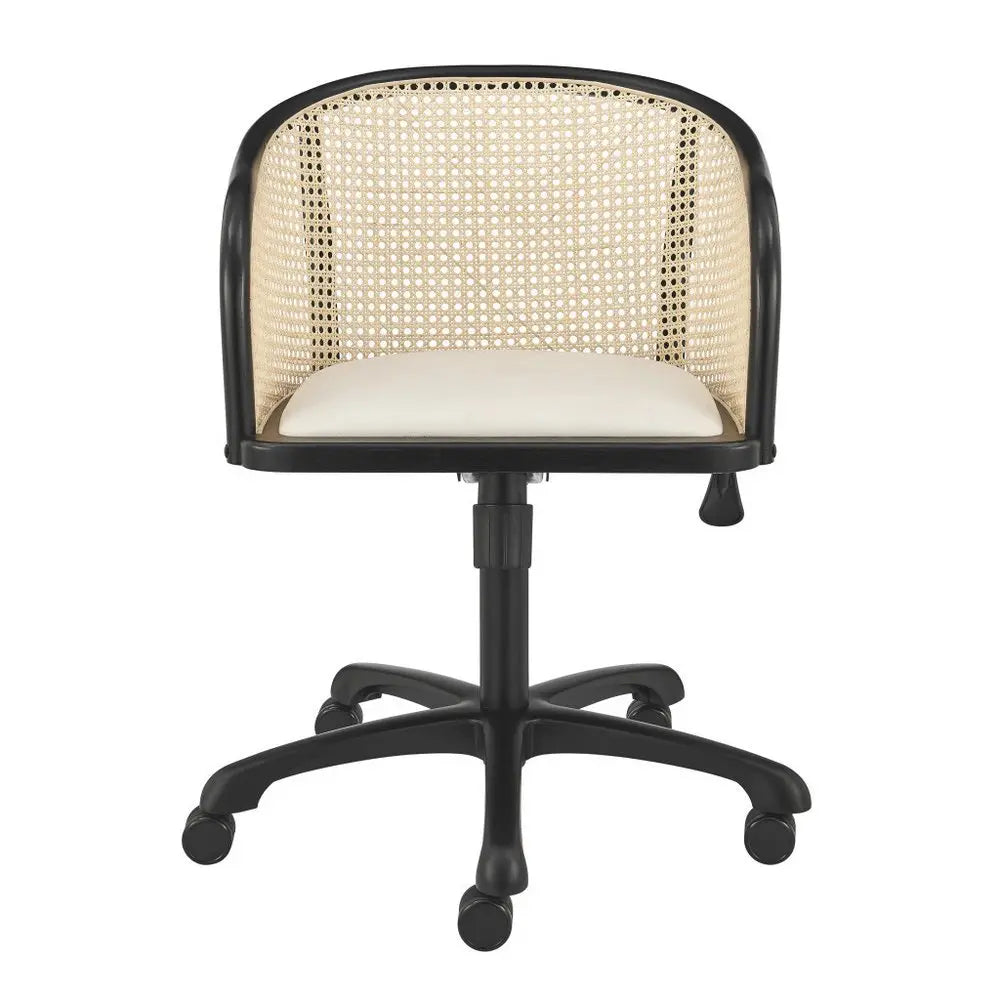 Beige and Black Solid Wood Steel And Cane Rattan Adjustable Swivel Rolling Office Chair - NOBLE HOME INTERIORS